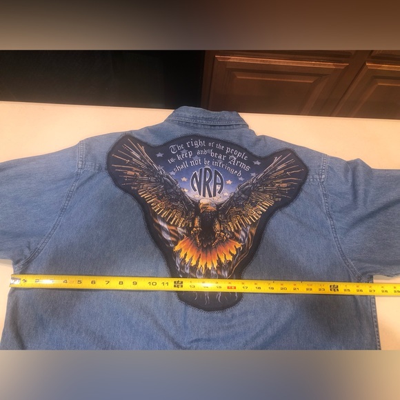 Handmade denim shacket eagle RIGHT TO BEAR ARMS mens XL runs large ptp 27 - Picture 7 of 13